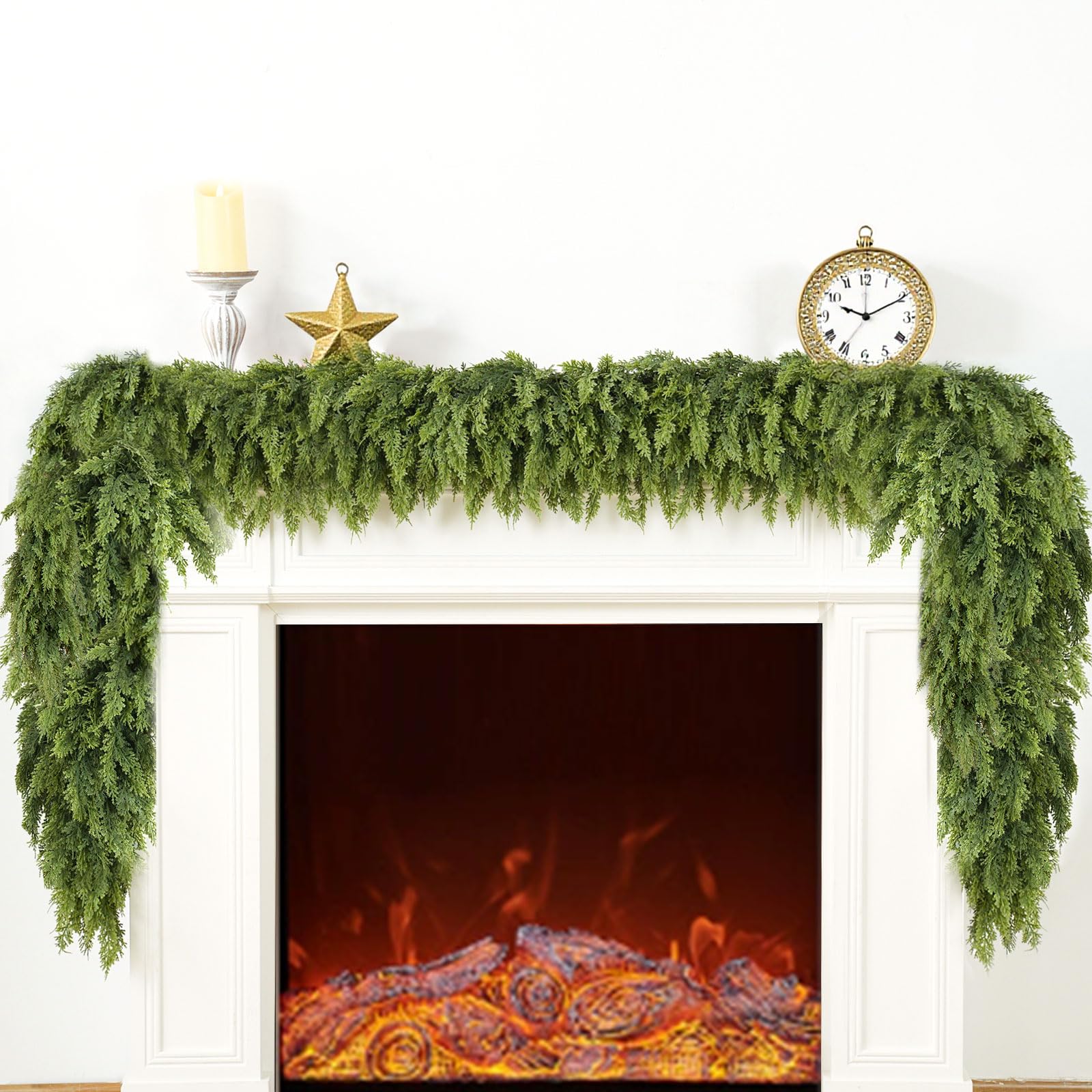 6ft Christmas Cedar Garland Artificial Realistic Thick Soft Green Faux Winter Greenery Pine Garlands for Fireplace Mantel Table Doorframe Indoor Outdoor Xmas Holiday Home Decoration